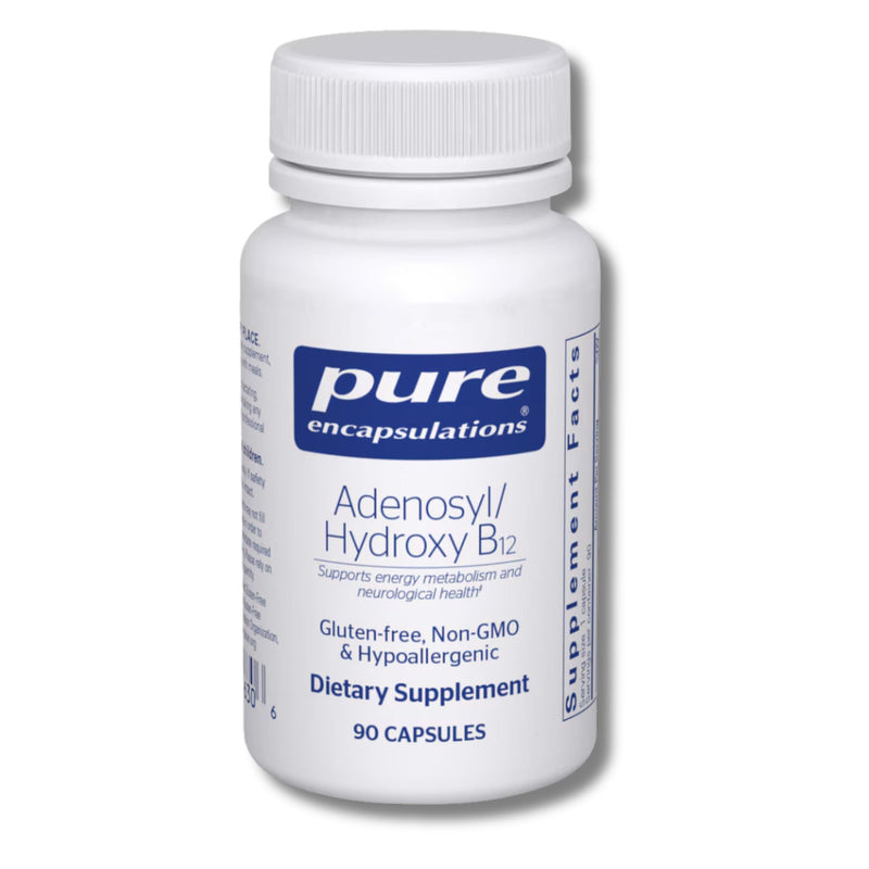 Supplement bottle labeled 'pure encapsulations Adenosyl/Hydroxy B12' on a white background