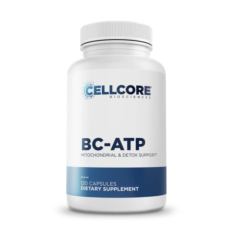 Supplement bottle labeled 'BC-ATP' by Cellcore Biosciences on a white background
