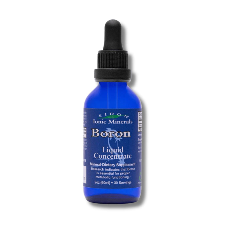 Blue bottle of Boron Liquid Concentrate supplement with dropper on a white background