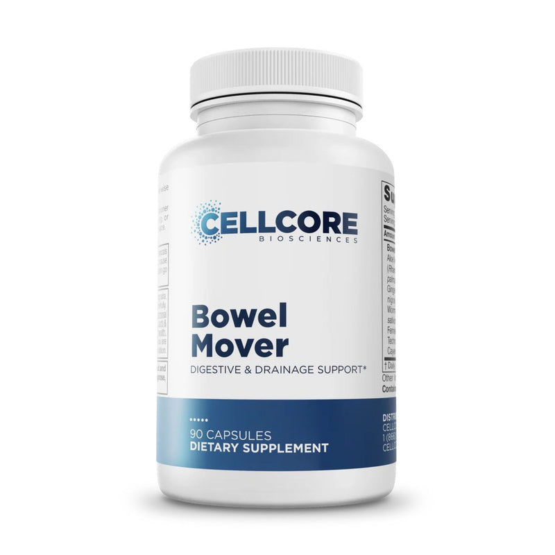 Supplement bottle labeled 'Bowel Mover' by Cellcore Biosciences on a white background