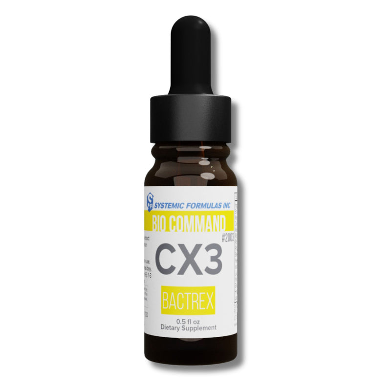 Bottle of Systemic Formulas Inc. Bactrex CX3 dietary supplement with dropper on a white background