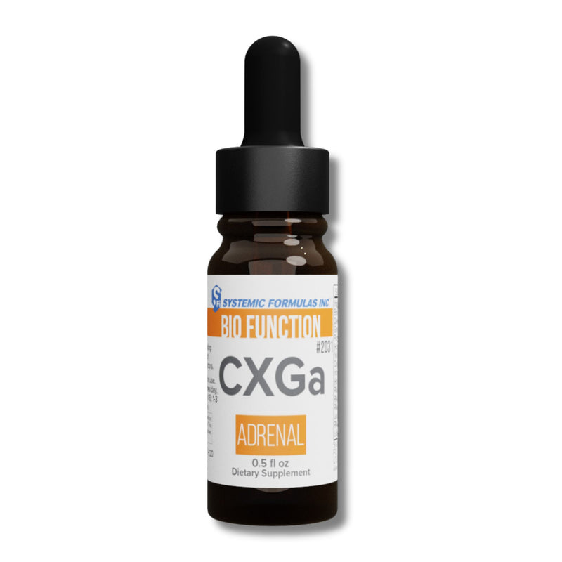 Bottle of CXGa dietary supplement with dropper on a white background