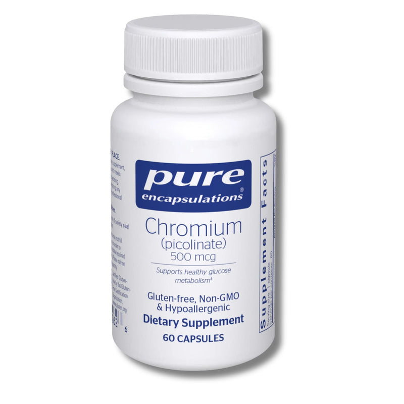 Supplement bottle labeled 'pure encapsulations Chromium picolinate' on a white background