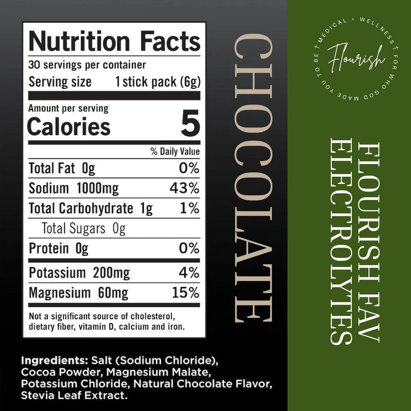 Front and back of a chocolate electrolyte stick pack package, showing a nutrition facts label on the left and product branding on the right. The package is dark brown/black on the left with a white nutrition panel and beige text, and dark green on the right with white text reading Flourish Electrolytes and CHOCOLATE.