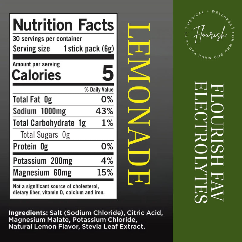 Front-facing product label for Lemonade electrolyte sticks by Flourish, showing a nutrition facts panel, vertical 'LEMONADE' text, ingredients list, and a dark green side panel with the brand name.