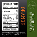 Nutrition facts label for Flourish Flavour Electrotes Orange electrolyte stick pack, showing a white nutrition panel on a black background with orange text and a dark green side panel.
