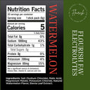 Front of a Watermelon Flourish Electrotes stick pack package, showing a Nutrition Facts panel, vertical 'WATERMELON' text, ingredients list, and a dark green brand panel with 'Flourish' and 'FLOURISH EASY ELECTROLYTES'.