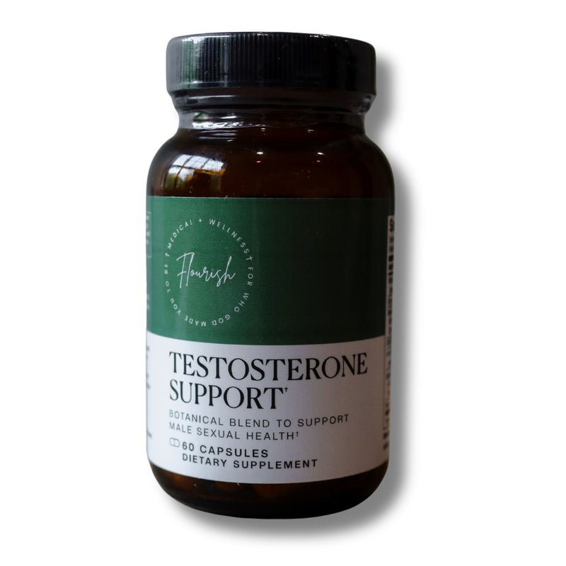 A dark amber glass bottle of Flairish Testosterone Support dietary supplement with a black cap, featuring a green and white label, set against a plain white background with a soft drop shadow.