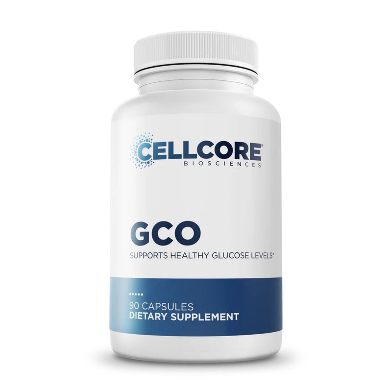 Supplement bottle labeled 'CELLCORE BIOSCIENCES' with 'GCO' on a white background