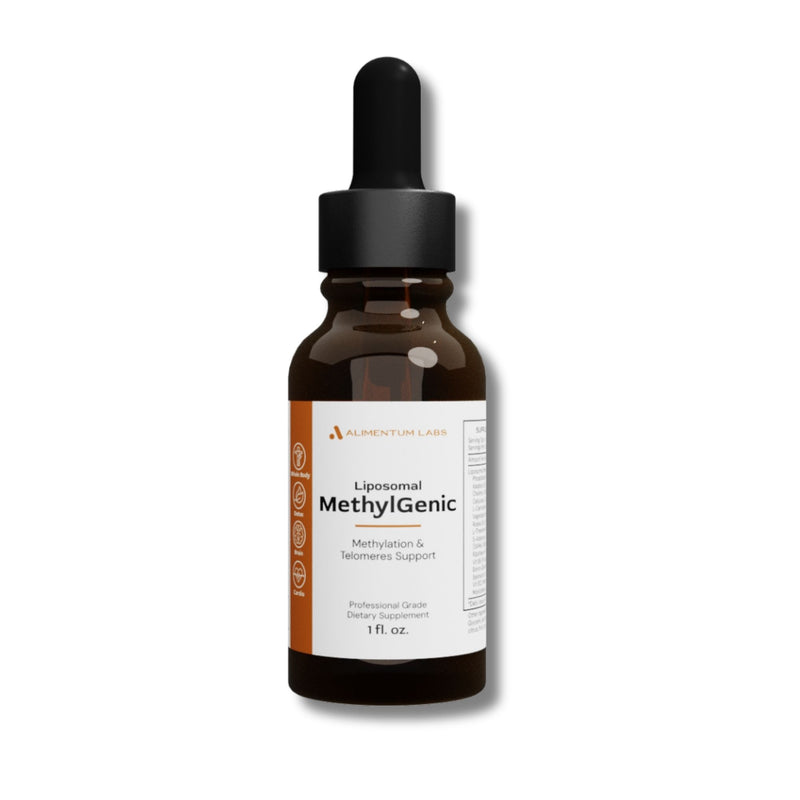 Bottle of Liposomal MethylGenic supplement with dropper on a white background