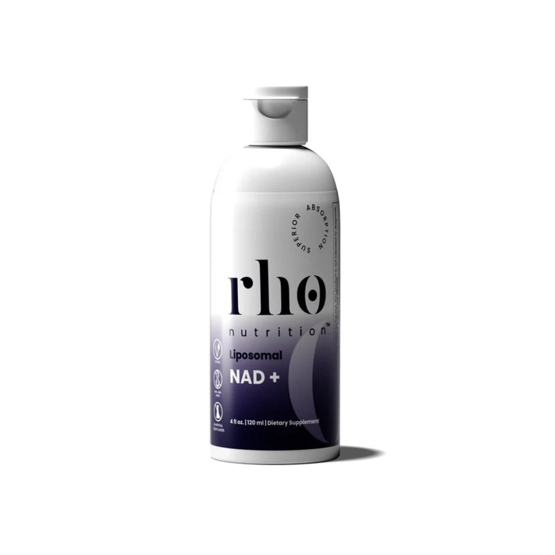 White bottle of rho nutrition supplement on a white background