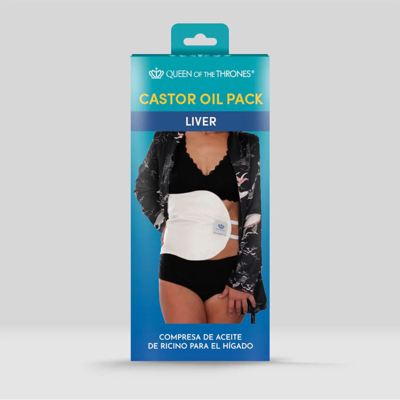 Packaging of a castor oil pack for liver with a person wearing it on a gray background.