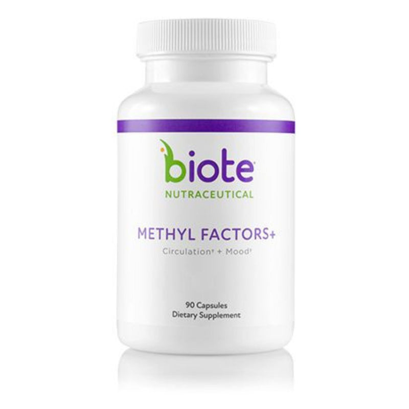 Supplement bottle labeled 'Methyl Factors+' by Biote Nutraceutical on a white background