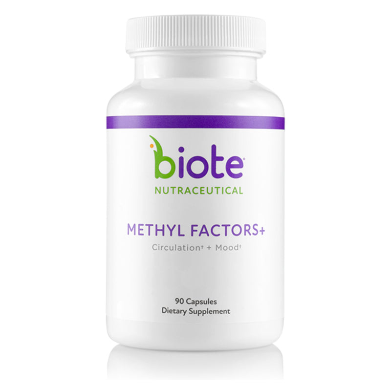 Supplement bottle labeled 'Biote Nutraceutical Methyl Factors+' on a white background