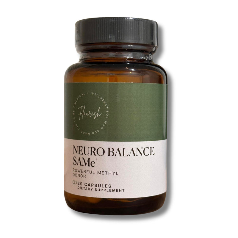 An amber glass bottle of Neuro Balance SAMe dietary supplement with a dark green and white label, on a white background.