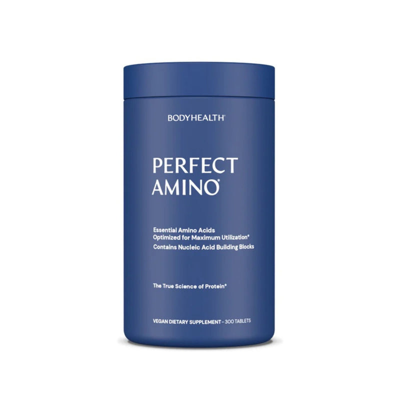Blue container of 'Perfect Amino' supplement by BodyHealth on a white background