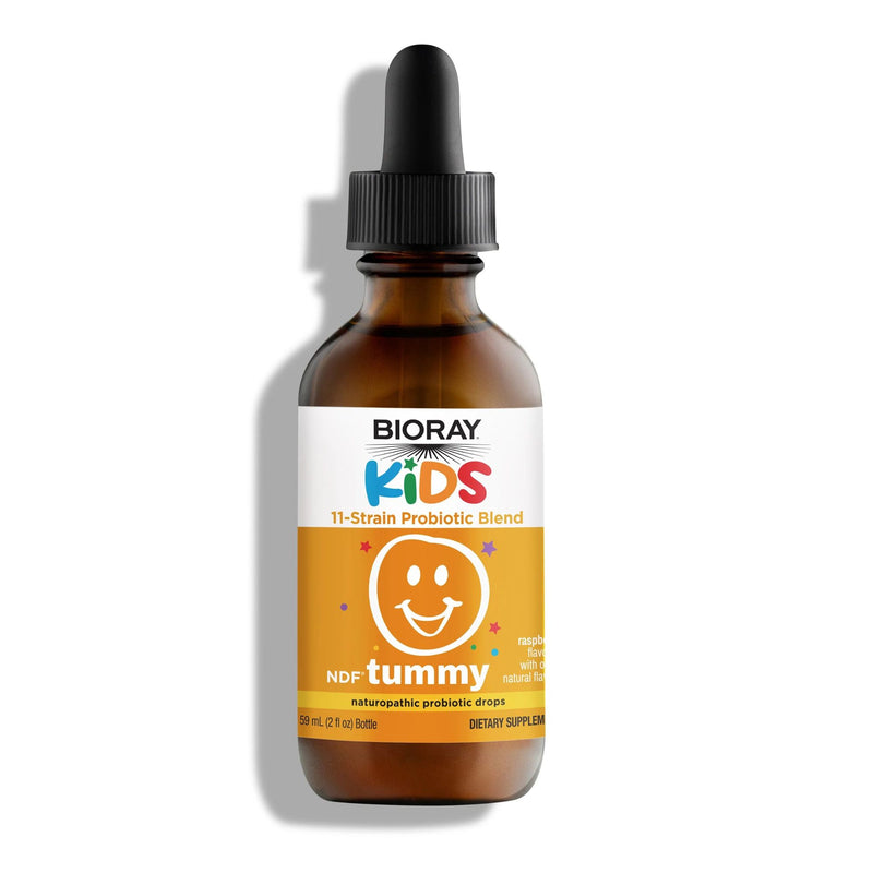 Bioray Kids probiotic bottle with a dropper on a white background