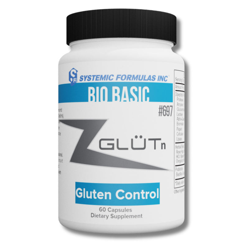 Supplement bottle labeled 'Bio Basic Gluten Control' by Systemic Formulas Inc on a white background