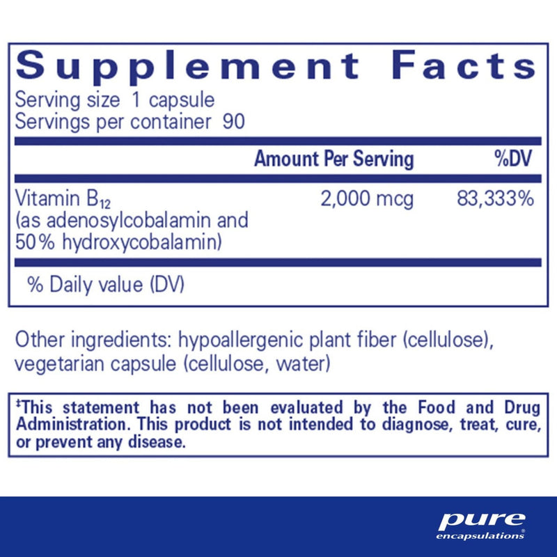 Supplement facts label for Vitamin B12 capsules with serving size, servings per container, and ingredient list.