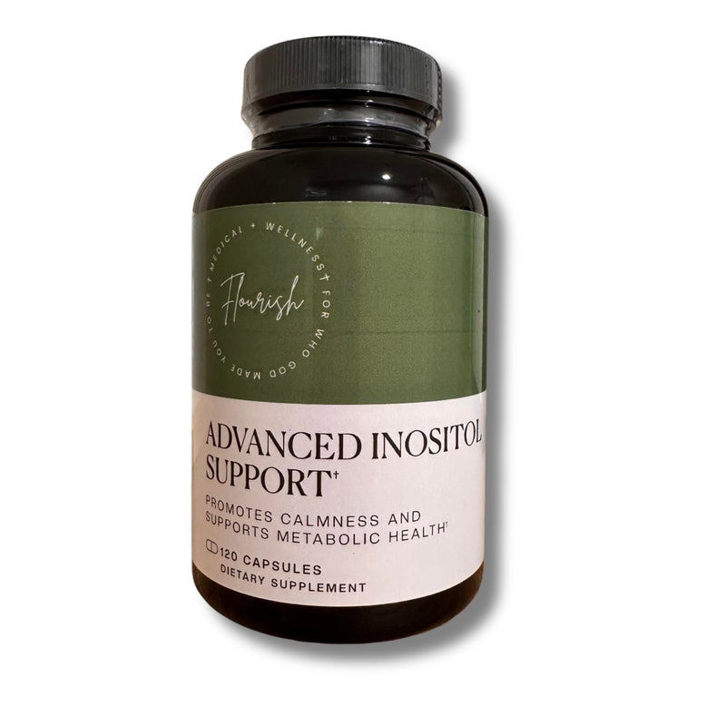 A dark amber bottle of Flourish Advanced Inositol Support dietary supplement with a black cap, olive green upper label, and a white lower label, shown on a white background.