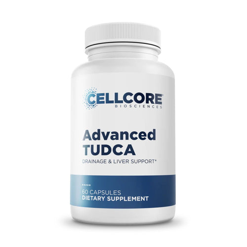 Supplement bottle labeled 'Advanced TUDCA' by Cellcore Biosciences on a white background