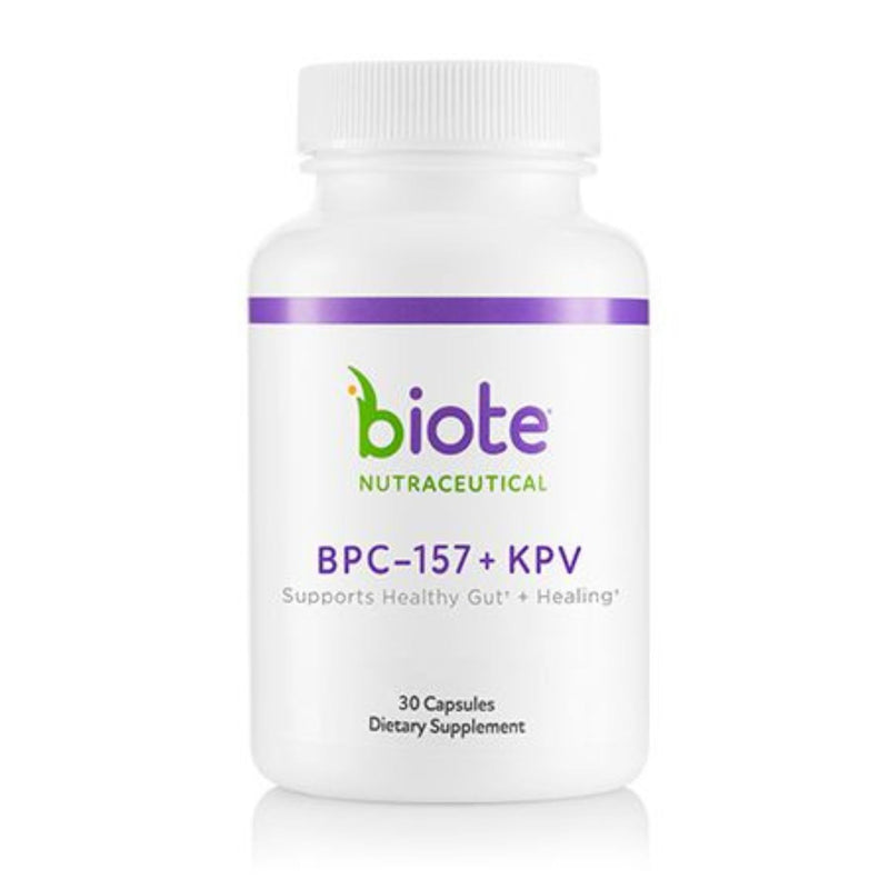 Supplement bottle labeled 'biote Nutraceutical' with purple label on a white background
