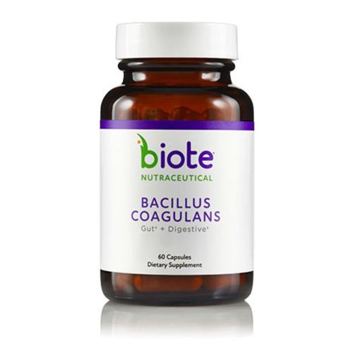Bottle of Biote Nutraceutical Bacillus Coagulans dietary supplement on a white background