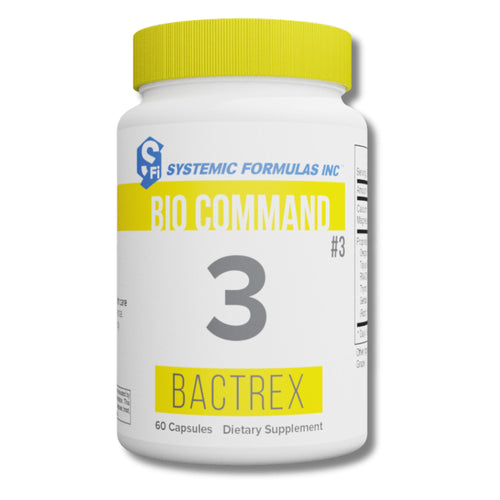 Supplement bottle labeled 'Bio Command 3 Bactrex' by Systemic Formulas Inc on a white background