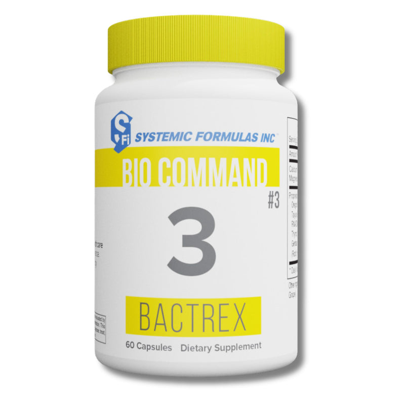Supplement bottle labeled 'Bio Command 3 Bactrex' by Systemic Formulas Inc on a white background