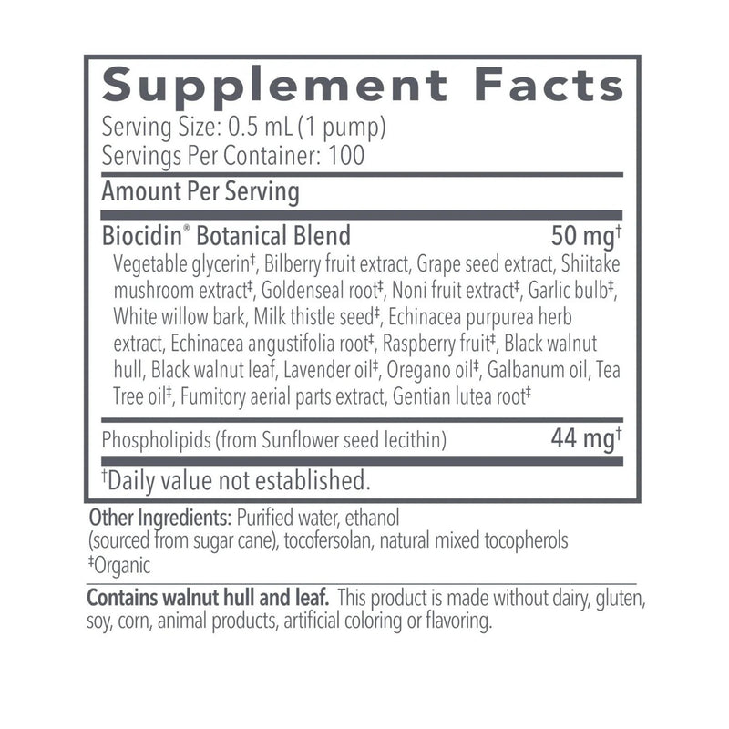 Supplement facts label for Biocidin Botanical Blend on a white background