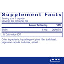 Supplement facts label for a biotin supplement with serving size, servings per container, and ingredient list.