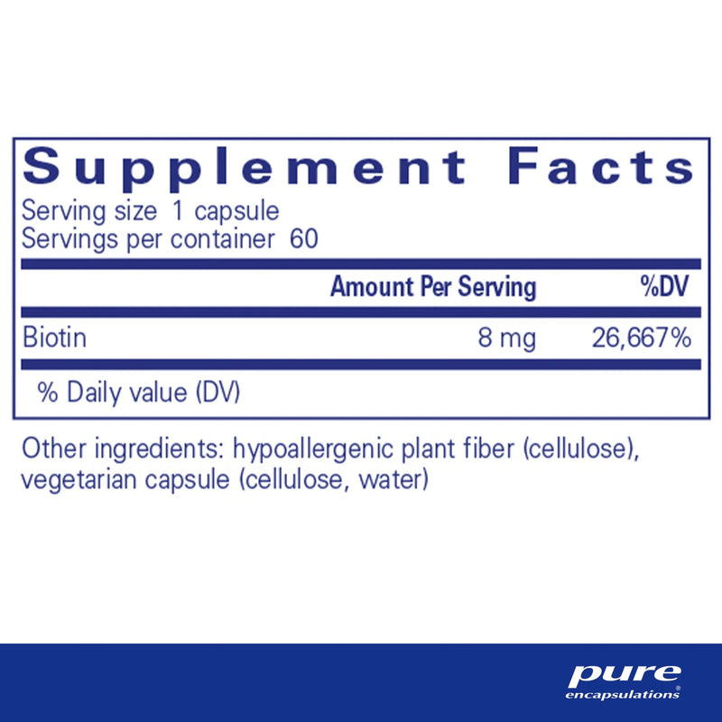 Supplement facts label for a biotin supplement with serving size, servings per container, and ingredient list.