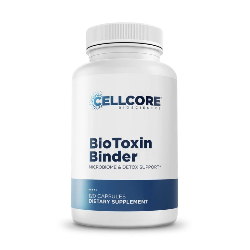 Supplement bottle labeled 'BioToxin Binder' by Cellcore Biosciences on a white background
