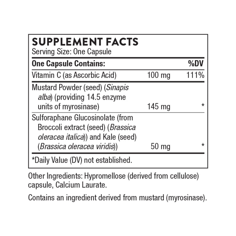 Supplement facts label for a capsule containing Vitamin C, mustard powder, sulforaphane glucosinolate, and other ingredients.