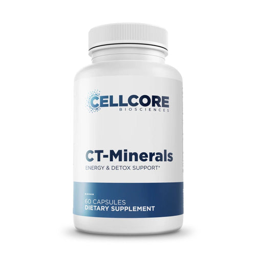 Supplement bottle labeled 'CT-Minerals' by Cellcore Biosciences on a white background