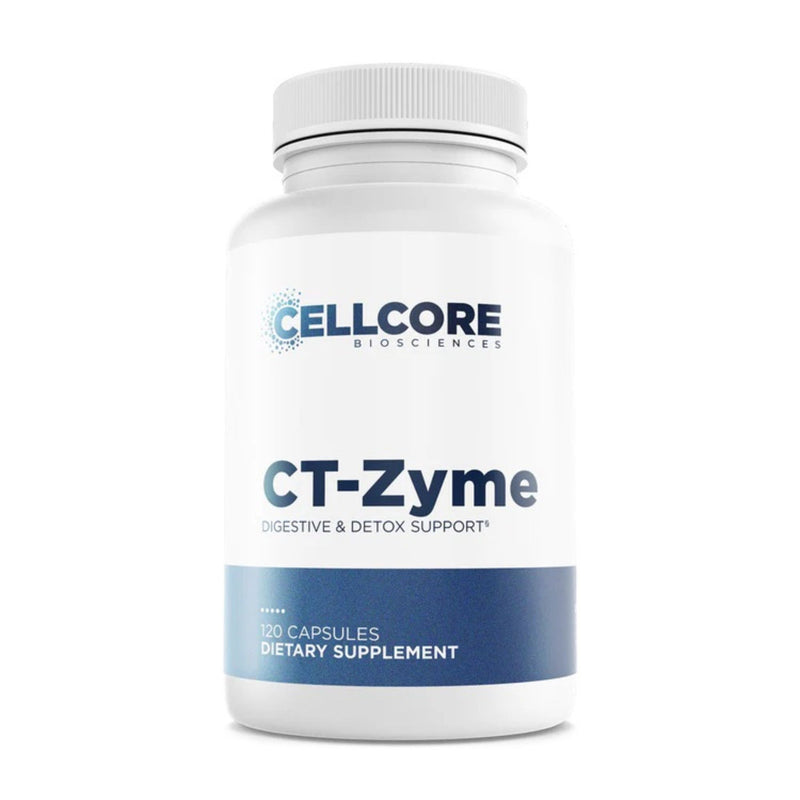 Supplement bottle labeled 'CT-Zyme' by Cellcore Biosciences on a white background
