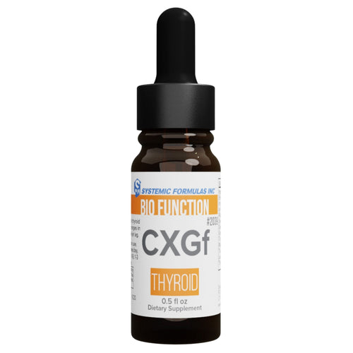 Systemic Formulas thyroid supplement liquid in a eye dropper brown bottle on a white background