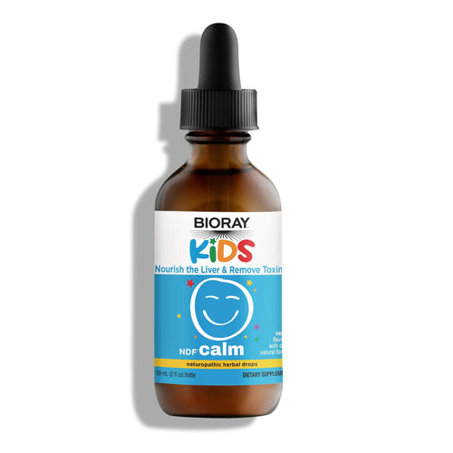 Bioray Kids NDF Calm supplement bottle with dropper on a white background