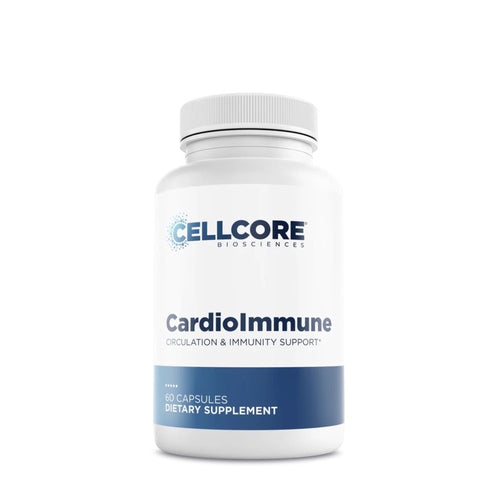 Supplement bottle labeled 'CardioImmune' by Cellcore Biosciences on a white background