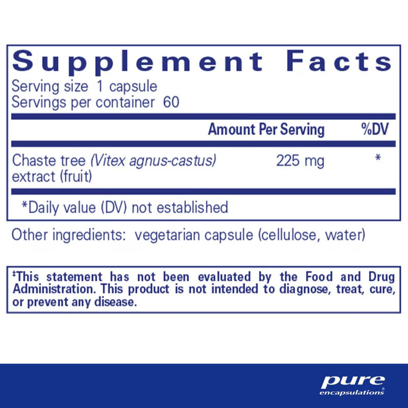 Supplement label for Chaste tree extract with serving size and container information.