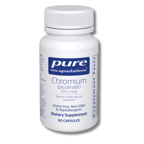 Supplement bottle labeled 'pure encapsulations Chromium picolinate' on a white background