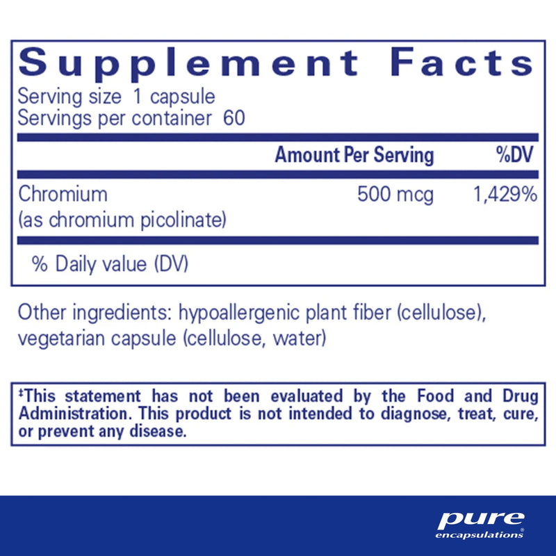 Supplement facts label for a chromium supplement with serving size and container details.