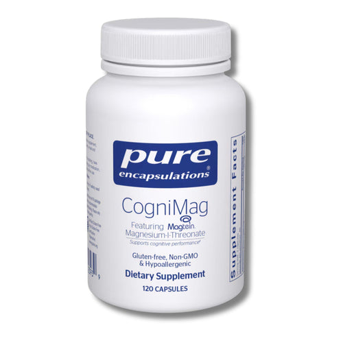 Supplement bottle labeled 'pure encapsulations CogniMag' on a white background