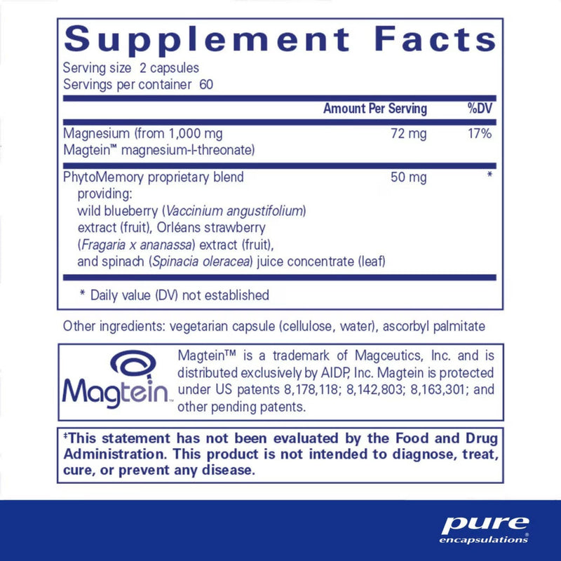 Supplement facts label for a product with Magtein and other ingredients on a white background.