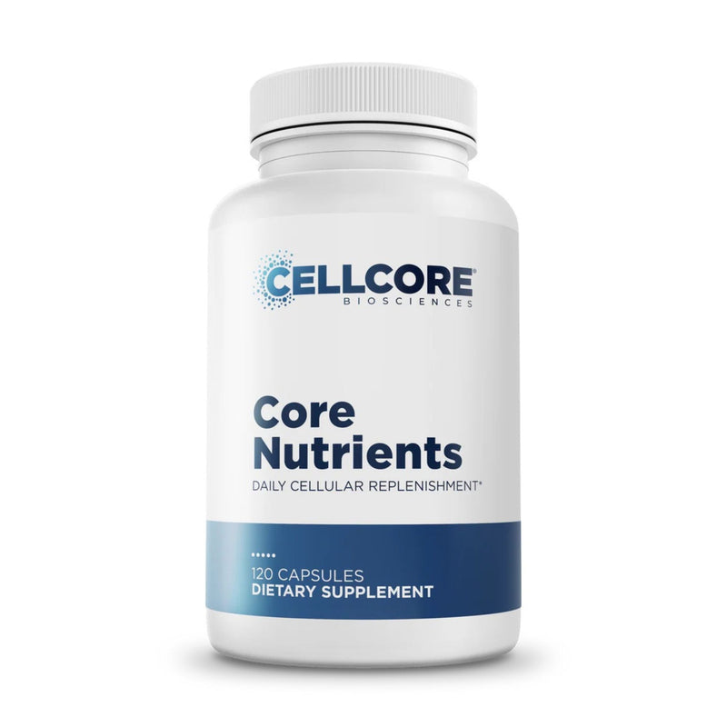 Supplement bottle labeled 'Core Nutrients' by Cellcore Biosciences on a white background