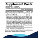 Supplement label with ingredients and nutritional information on a white background