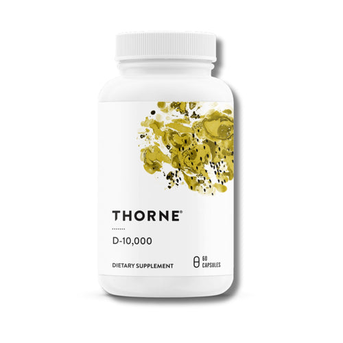 Thorne D-10,000 dietary supplement bottle on a white background