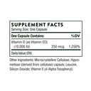 Supplement facts label for a vitamin D capsule on a white background