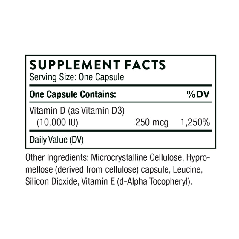 Supplement facts label for a vitamin D capsule on a white background