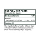Supplement facts label for a vitamin D capsule on a white background